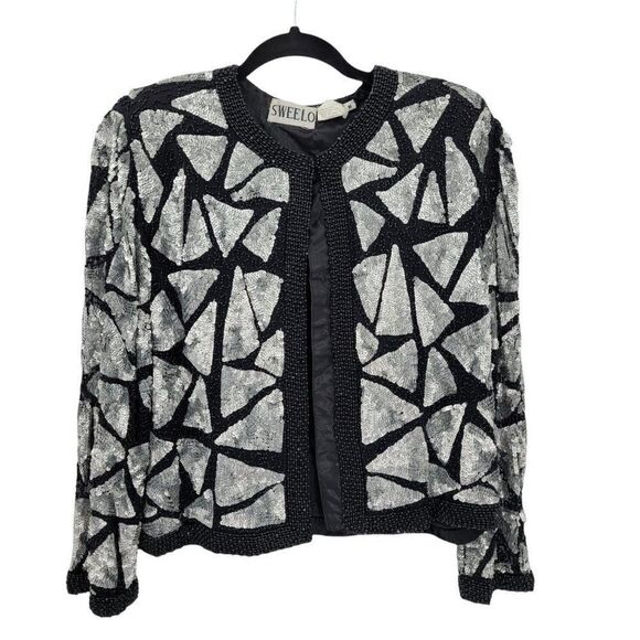 Vtg 80's Sweelo Silk Geometric Black Silver Metallic Sequin Beaded Blazer Sz M - Picture 4 of 12